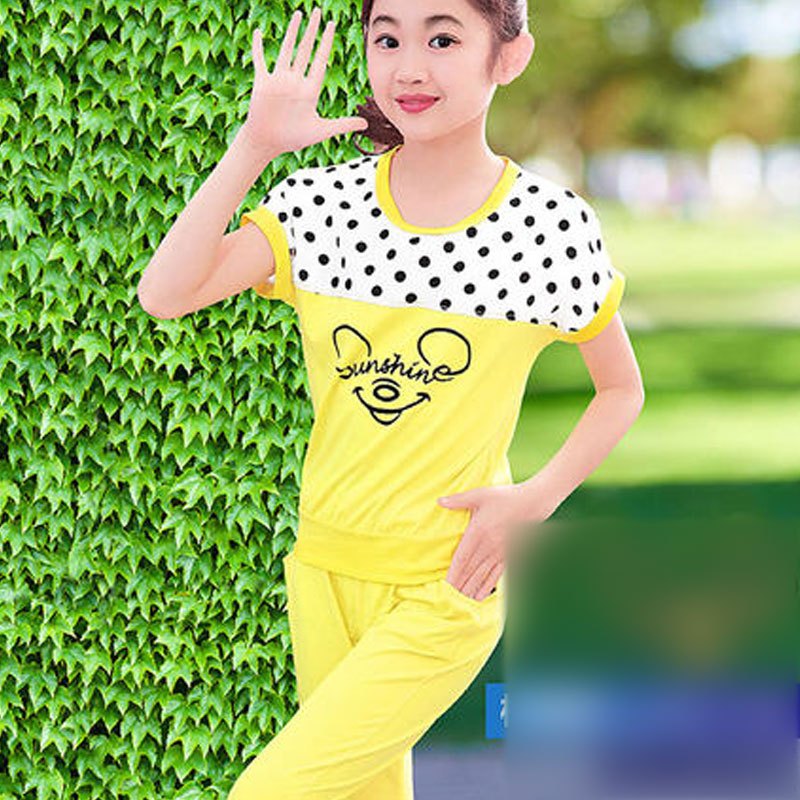 女童运动套装夏装 中大童儿童短袖套装女2017夏季新款童装两件套可爱卡通简约小清新多款可选套装夏天 140cm(140cm(建议身高130-140) 经典波点)柠檬黄