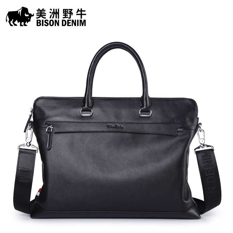 美洲野牛商务男包真皮手提包横款牛皮公文包单肩包男斜挎包N2629-3B