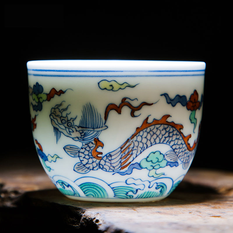 手绘成化斗彩鸡缸杯仿古瓷器 景德镇茶具茶杯功夫茶具品茗杯个人杯 罗汉杯斗彩云龙纹