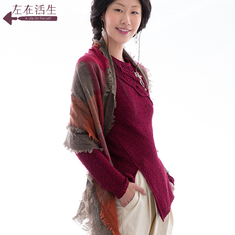 生活在左新款春夏 羊毛格子围巾 女披肩 橘红色-深咖啡