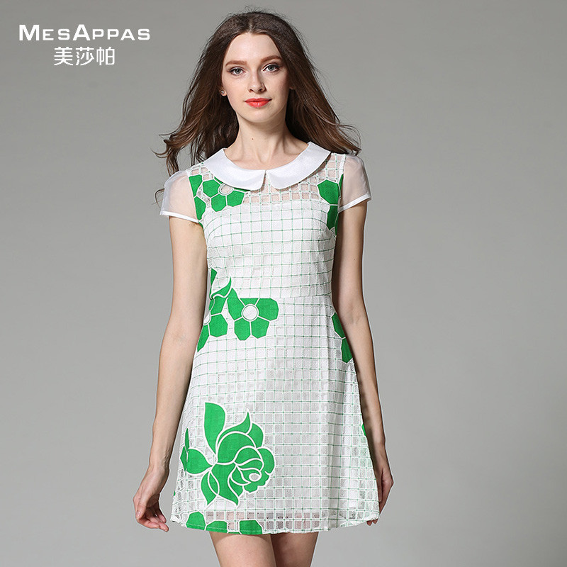 MesAppas美莎帕时尚欧根纱提花娃娃领收腰连衣裙18E-WXL566510 S 绿色
