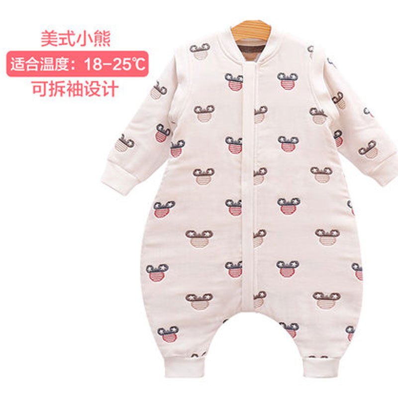 2017新品夏季婴儿睡袋春秋薄款六层纱布宝宝分腿儿童夏季防踢被四季可爱卡通简约小清新多款可选 M码65-80cm 美式小熊