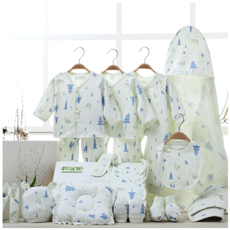 适用于0-1岁小孩子内衣夏天2017新品夏季婴儿衣服礼盒套装0-3个月6新生儿宝宝满月刚出生婴儿用品夏季 59cm(59CM（新生儿礼盒适合0-3个月宝宝）) 小松树款绿色(豪华四季款22件套