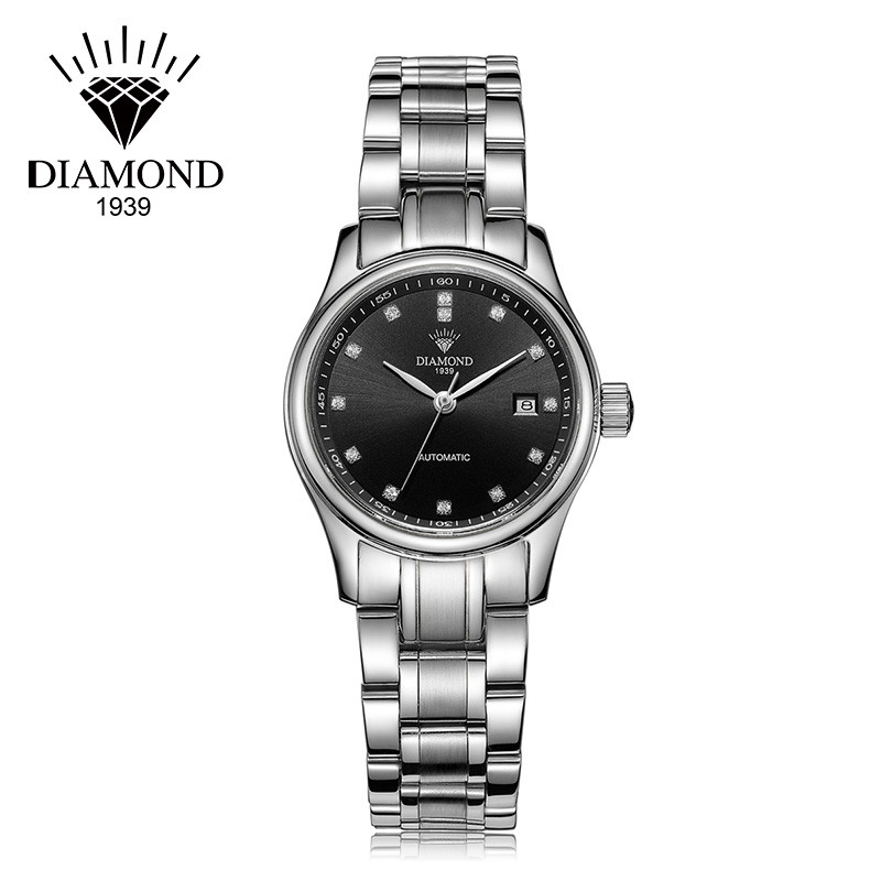上海钻石牌(DIAMOND)手表女士自动机械表时尚休闲镶钻日历防水精钢8040L机械表 女