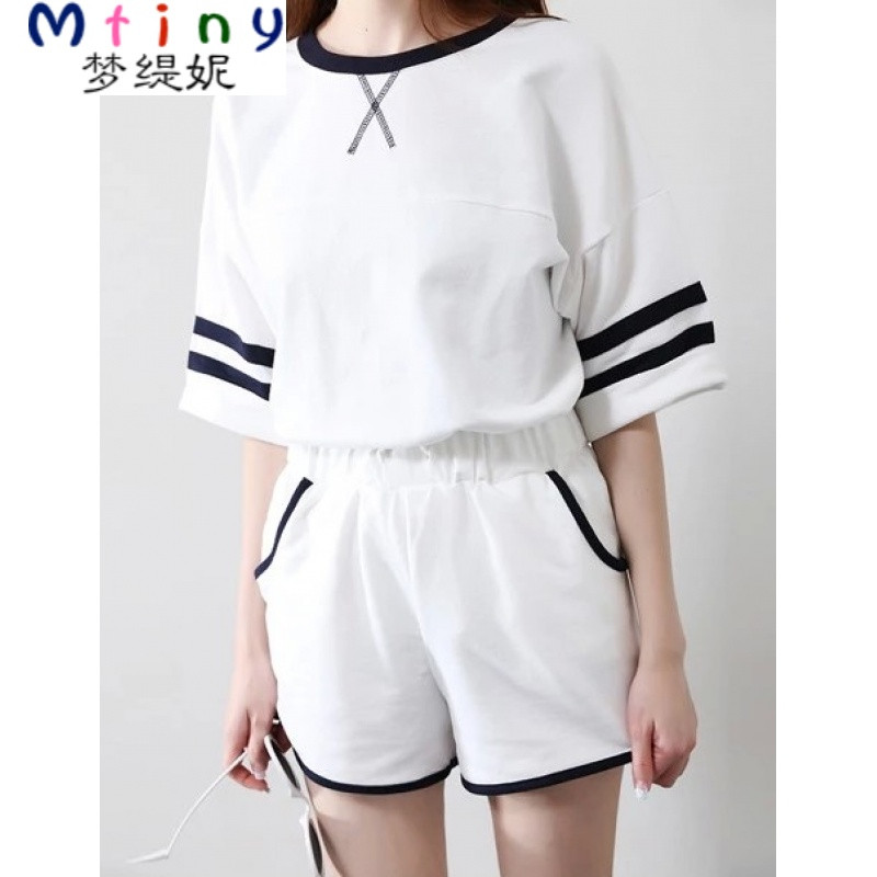 Mtiny夏季韩版短袖休闲运动套装女学生闺蜜姐妹服宽松短裤两件套潮 L 白色【短袖+短裤】
