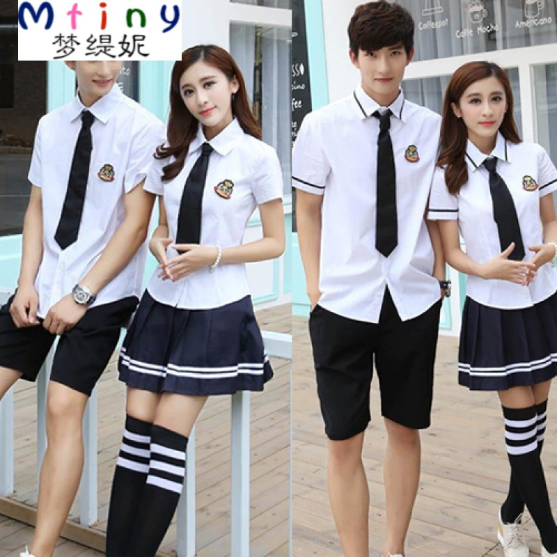Mtiny毕业照服装学生装高中毕业季班服学院风高三大学生校服套装白衬衫 L 女短袖黑边白衬衫裙子