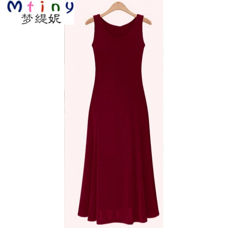 Mtiny【天天特价】夏季大码女装圆领背心裙韩版时尚修身连衣裙大摆长裙 L 酒红色背心