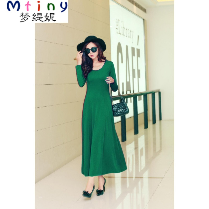Mtiny【天天特价】夏季大码女装圆领背心裙韩版时尚修身连衣裙大摆长裙_4_9 L 绿色长袖