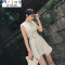 Mtiny 系带无袖连衣裙女夏棉麻韩版不规则收腰修身显瘦气质背心裙 M 卡其