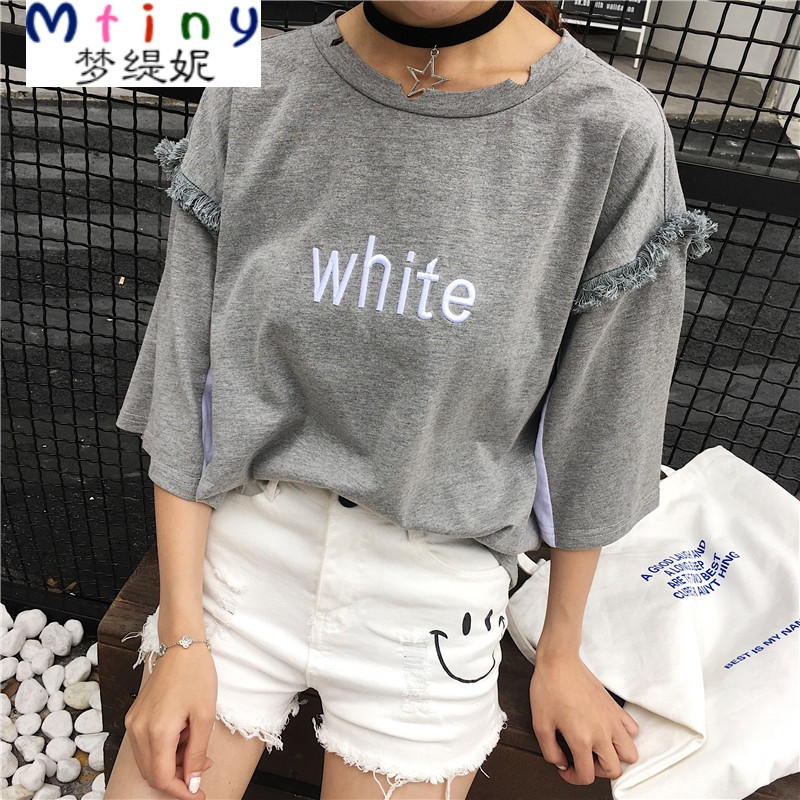 Mtiny原宿风短袖女学生 夏装韩国bf宽松大码韩版潮夏季半袖T恤女上衣服 L 灰色优质棉