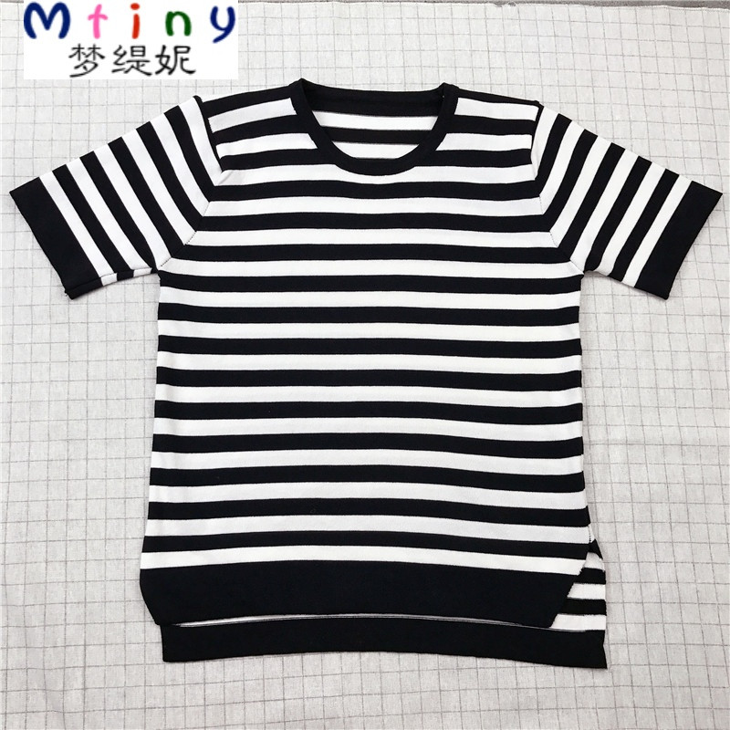 Mtiny17夏季韩版圆领宽松冰丝棉条纹短袖T恤女短款套头五分袖薄针织衫 M 黑色