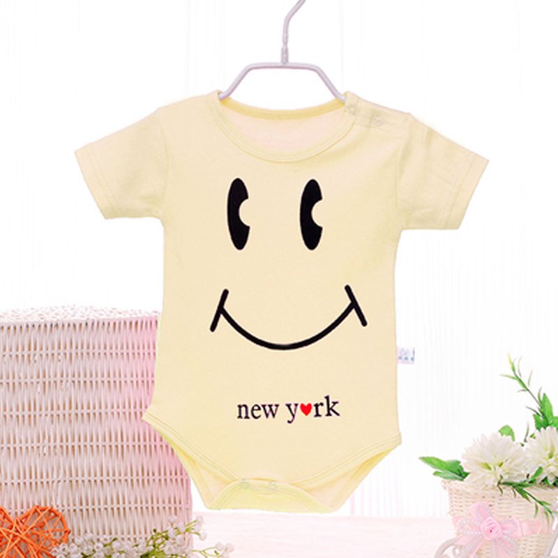 2017新品夏季婴儿连体衣服夏装男童女宝宝短袖包屁衣新生儿1三角哈衣0-2岁男女宝宝可爱卡通夏天 73cm(参考身高73cm) 笑脸款浅黄