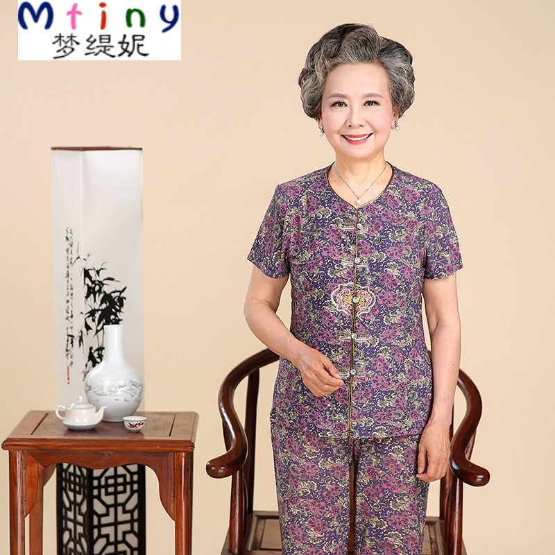 Mtiny中老年人女装夏装老人60-70岁80夏季妈妈装短袖奶奶衣服宽松套装 4XL建议140斤-150斤 紫花1
