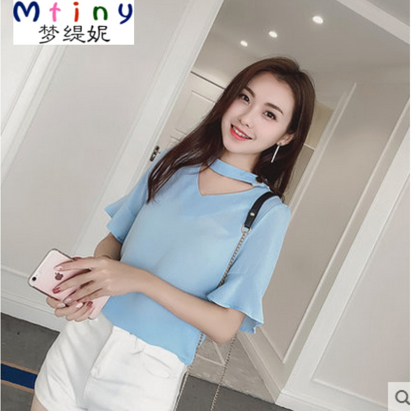 Mtiny【天天特价】宽松百搭雪纺衫短袖蕾丝衫假两件蕾丝打底上衣女潮_7_2_9_4 L 天蓝【910款】