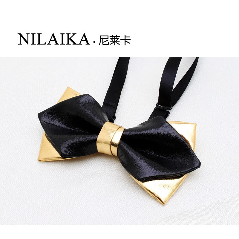 2017款】金色蝴蝶结PU双层男士bowtie 英伦派对夜店土豪金尖角领结煲呔男 黑色尖