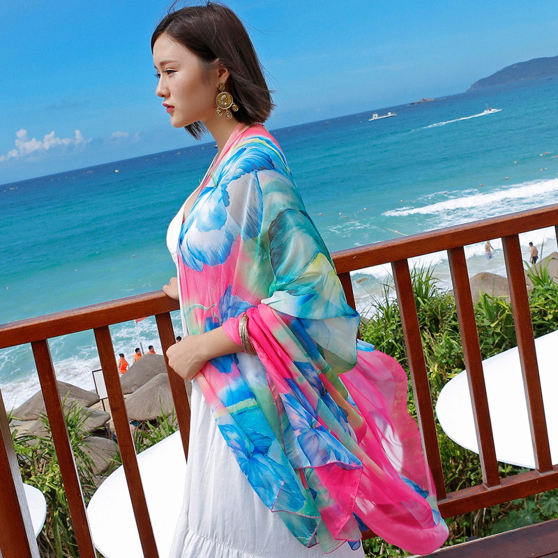 2017款】夏季长丝巾女雪纺印花纱巾围巾海边度假沙滩巾防晒丝巾空调披肩1 SJ902