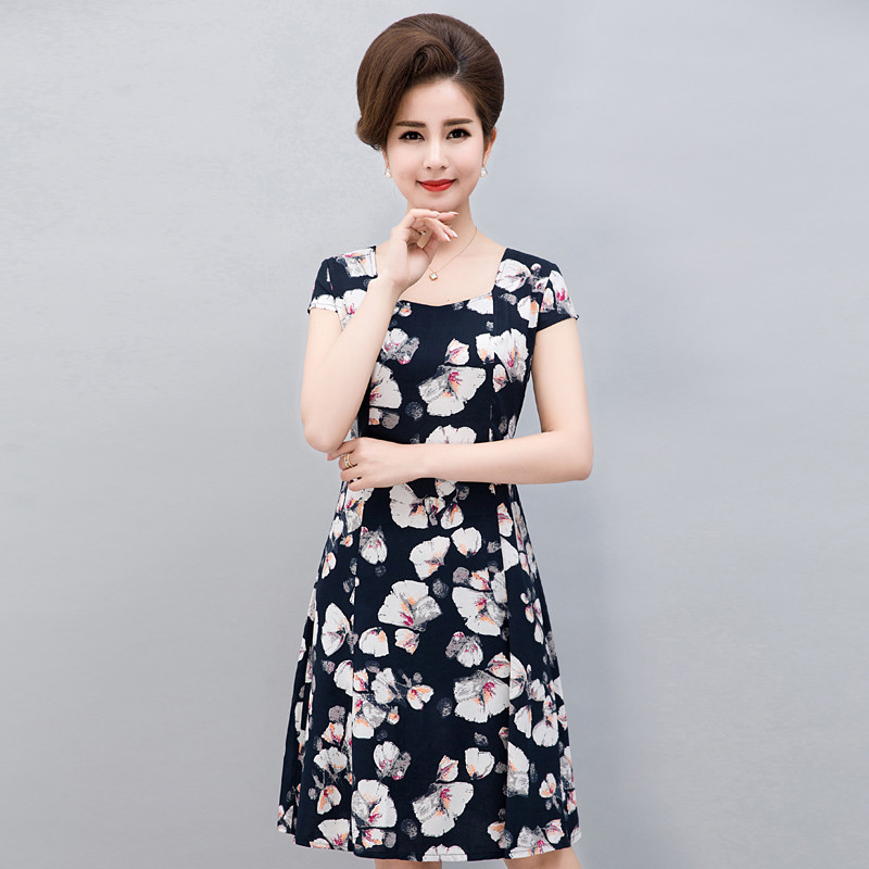 2017款】中老年女装中年大码胖妈妈装短袖全棉绸碎花连衣裙子2017夏装新款 L 19号色