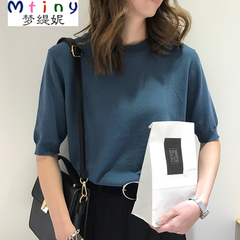 Mtiny2017秋季新款宽松显瘦套头薄款毛衣简约纯色百搭短袖针织衫女学生 均码 蓝色