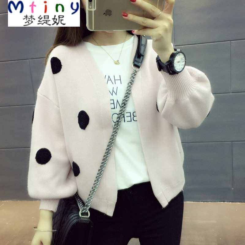 Mtiny2017春装女秋季外套女长袖上衣开衫毛衣潮宽松显瘦波点针织衫 L 浅粉