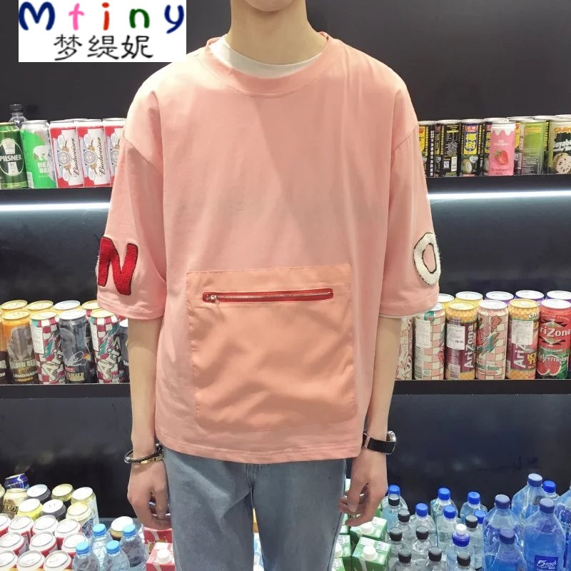 Mtiny港仔秋季情侣装韩版简约学生男女个性徽章薄套头圆领七分袖卫衣 2XL 308#粉色
