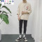 Mtiny港仔秋季情侣装韩版简约学生男女个性徽章薄套头圆领七分袖卫衣 S 308#绿色
