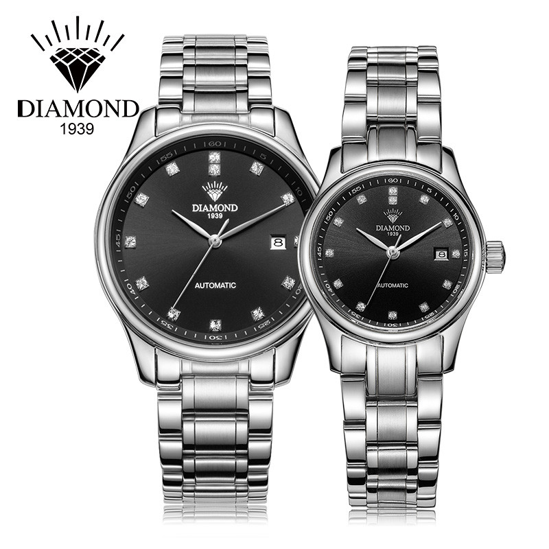 上海钻石牌（DIAMOND）手表情侣款自动机械日历精钢表带机械表白钢黑面情侣手表