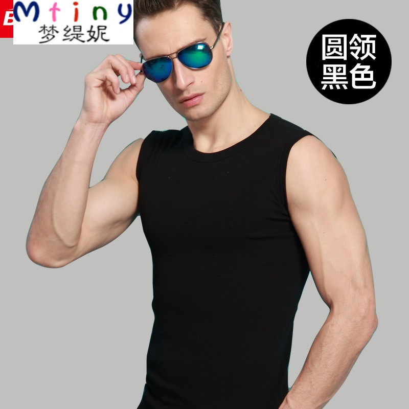 Mtiny运动透气宽肩无袖T恤男士背心坎肩夏季袖纯棉修身型青年潮1 L 黑色（圆领）