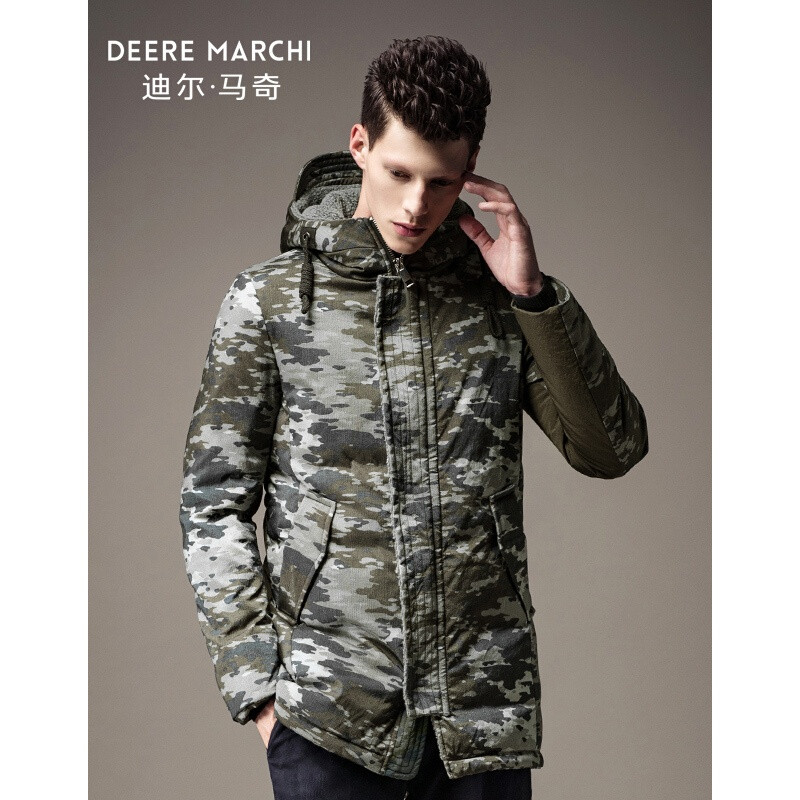 迪尔马奇冬装新款男士羽绒服迷彩连帽中长款保暖外套M13757绿色 L 默认颜色