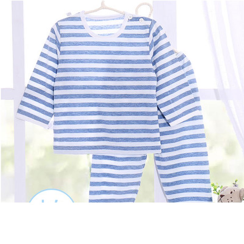 2017新品夏季男女宝宝空调服薄款秋衣男童睡衣婴儿衣服儿童内衣套装夏季简约小清新多款多色可选 80cm 彩棉蓝