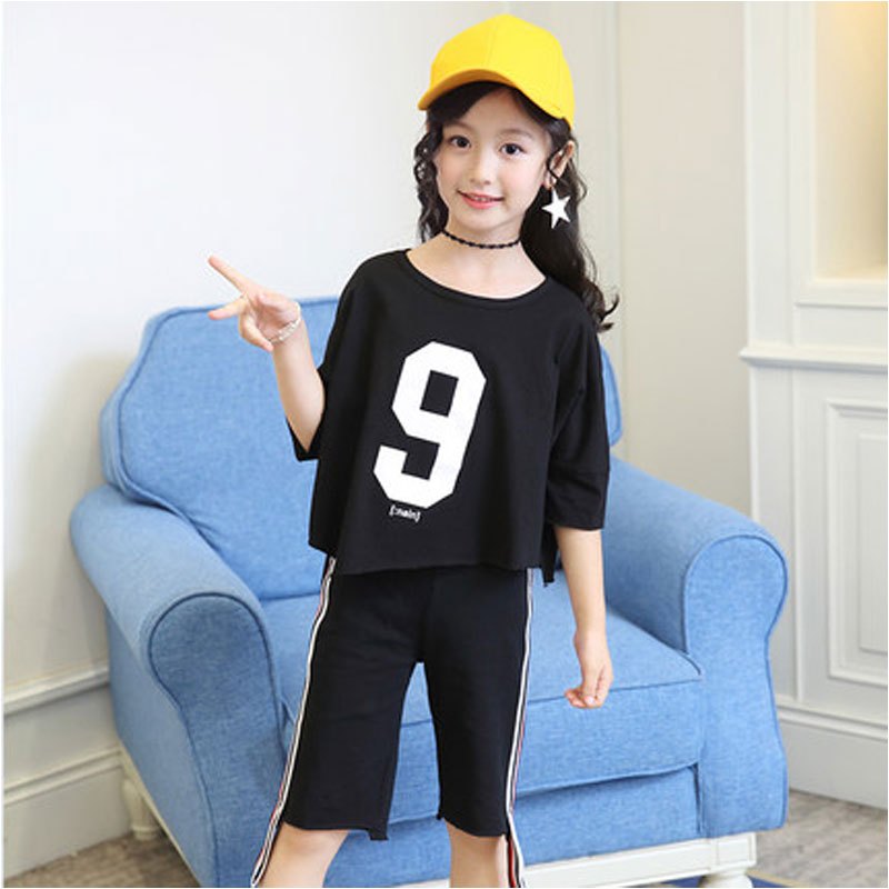 女童夏装2017新款套装夏季童装韩版潮衣儿童短袖中大童运动两件套时尚百搭夏天短袖简约小清新多款多色可选 150cm 黑色9字正码