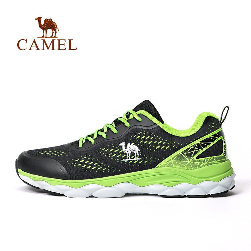 CAMEL骆驼运动 夏季男女超轻跑步鞋透气网面减震跑鞋 A712318135，黑/荧光绿，男款 41码