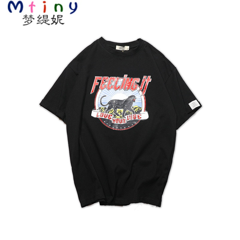 Mtiny夏天时尚印花潮TEE男圆领T恤情侣短袖青春百搭圆领小清新卡通上衣 2XL 黑色宽松版型