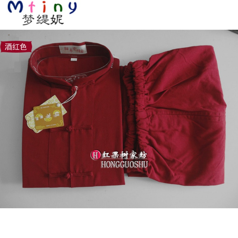 Mtiny春夏唐装套装男式衣裤休闲服纯棉中老年练功居士服手工盘扣包邮 190XXXXL 酒红色长袖套装