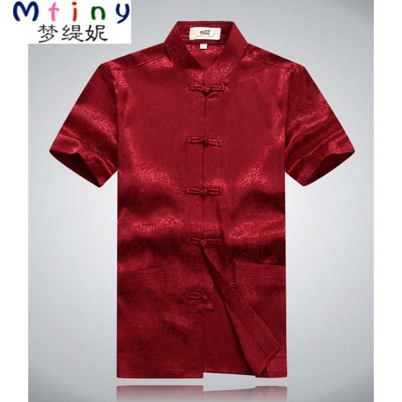 Mtiny唐装男士短袖夏季中老年汉服中年爸爸装夏装衬衫中式大码男装上衣 180 上河图短袖红色上衣