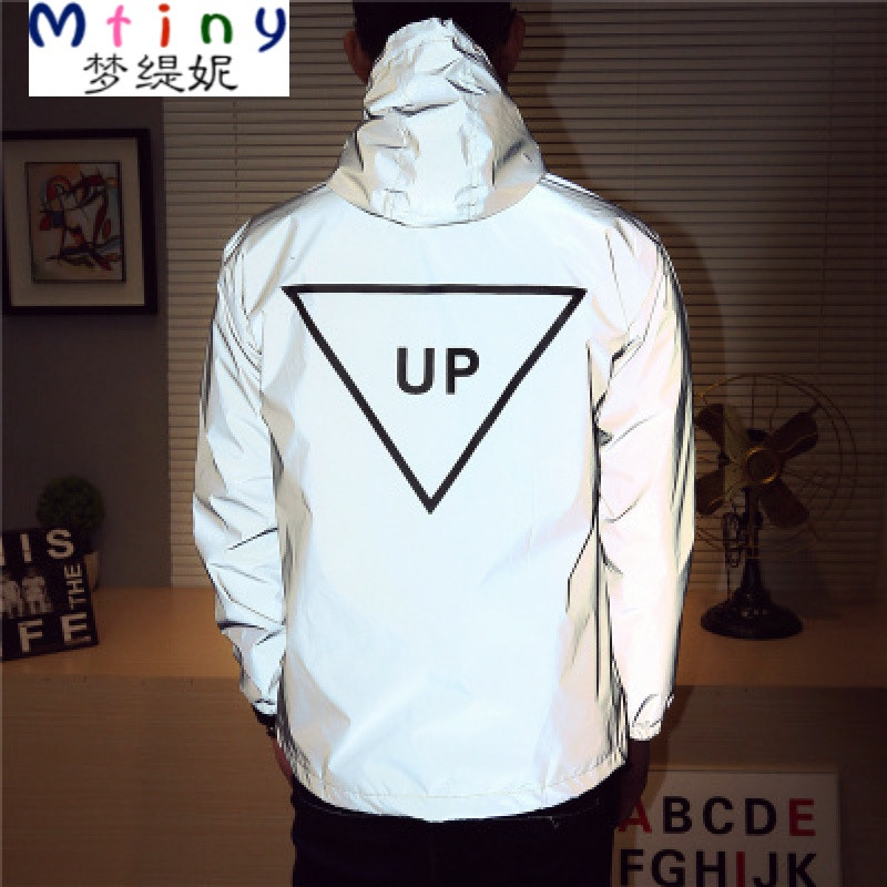 Mtiny春秋季韩版发光夜光冲锋风衣日系潮流学生3M反光衣服男女荧光外套 M加绒 0105UP三角反光