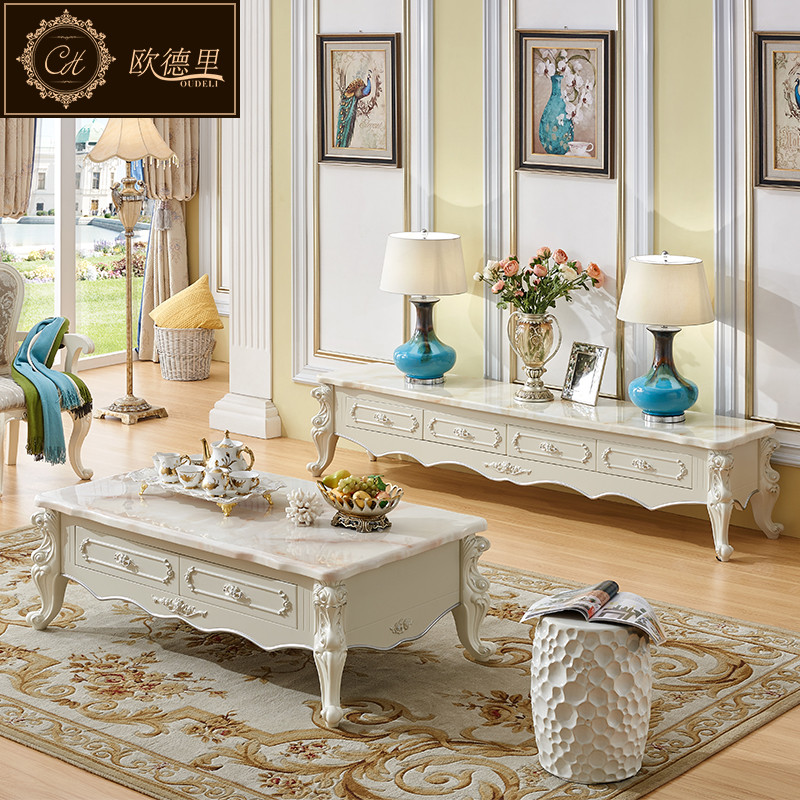 欧德里 欧式电视柜大理石面客厅简欧卧室象牙白电视机柜茶几组合 木面板电视柜2.2米*0.46米