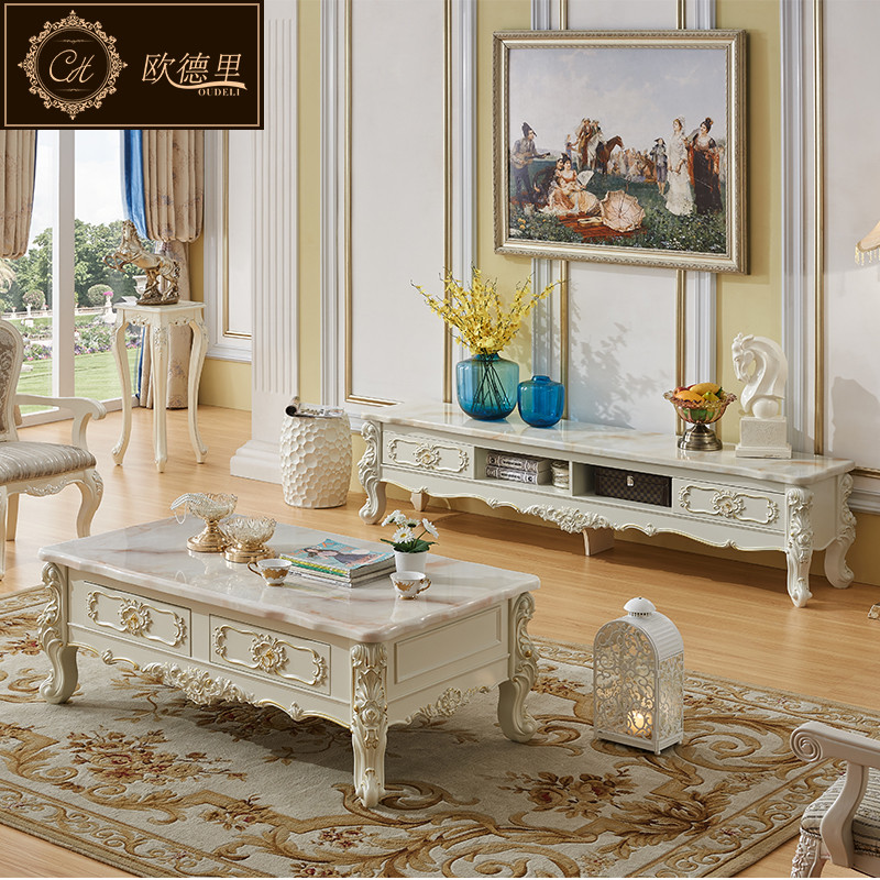 欧德里 欧式电视柜大理石面客厅简欧象牙白电视机柜茶几组合 大理石茶几1.4*0.8【描金】