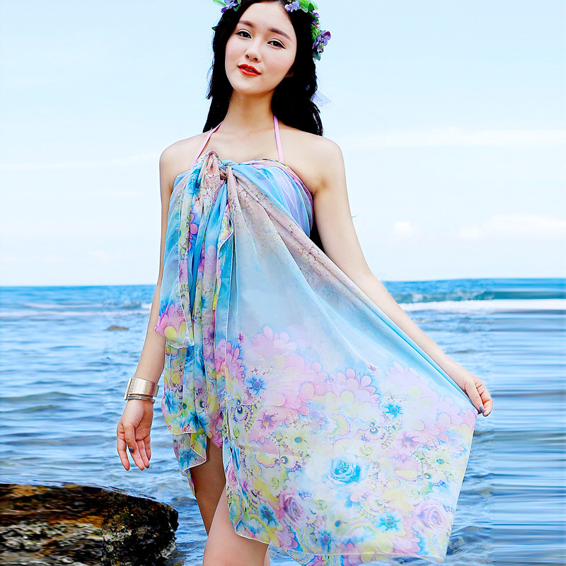 新款上市】夏季长丝巾女雪纺印花纱巾围巾海边度假沙滩巾防晒丝巾空调披肩 SJ906
