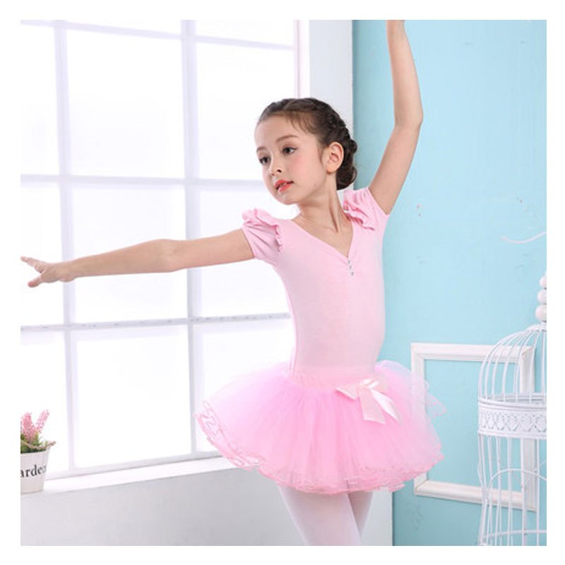 2017新品夏季女孩子裙子儿童舞蹈服装芭蕾舞裙女童舞蹈服练功服短袖女孩舞蹈裙跳舞衣夏季夏天多款可选 150cm 粉色泡泡袖（短袖