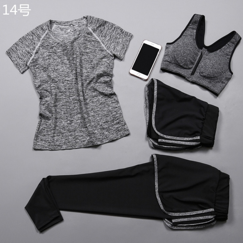 818款春夏瑜伽服三件套装女健身服跑步运动套装短袖上衣四件套 M 宽灰03灰+三杠浅灰短裤长裤