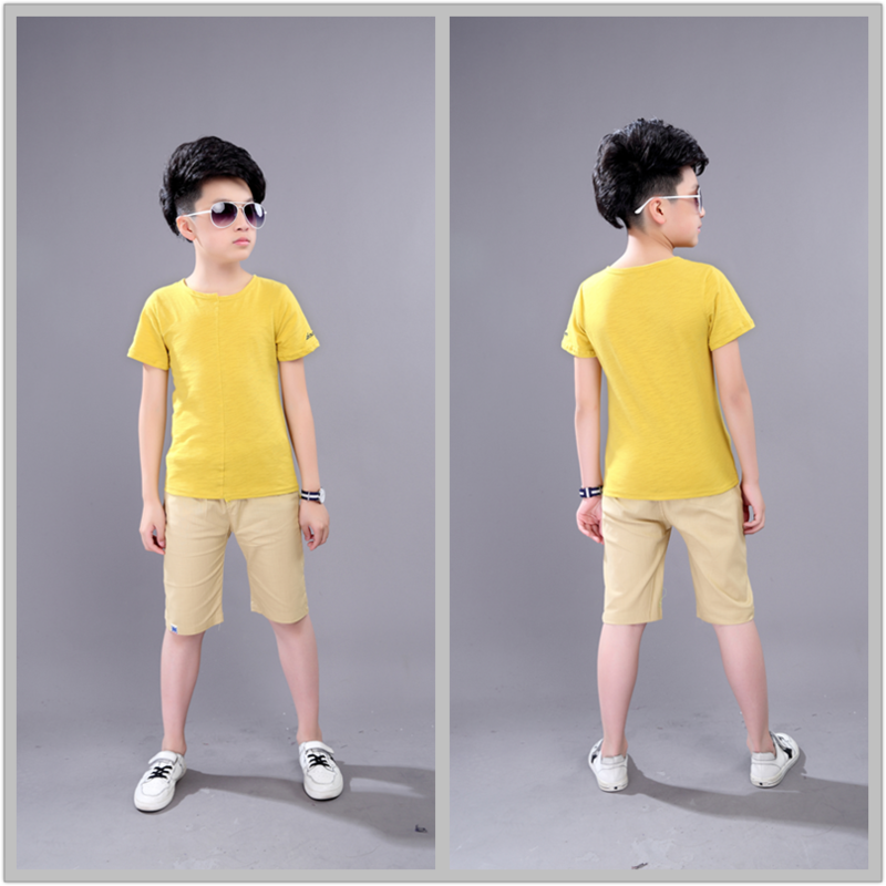 童装男童夏装套装2017新款中大童棉T恤儿童夏季短袖宝宝两件套 120码(建议身高110厘米) 黄色