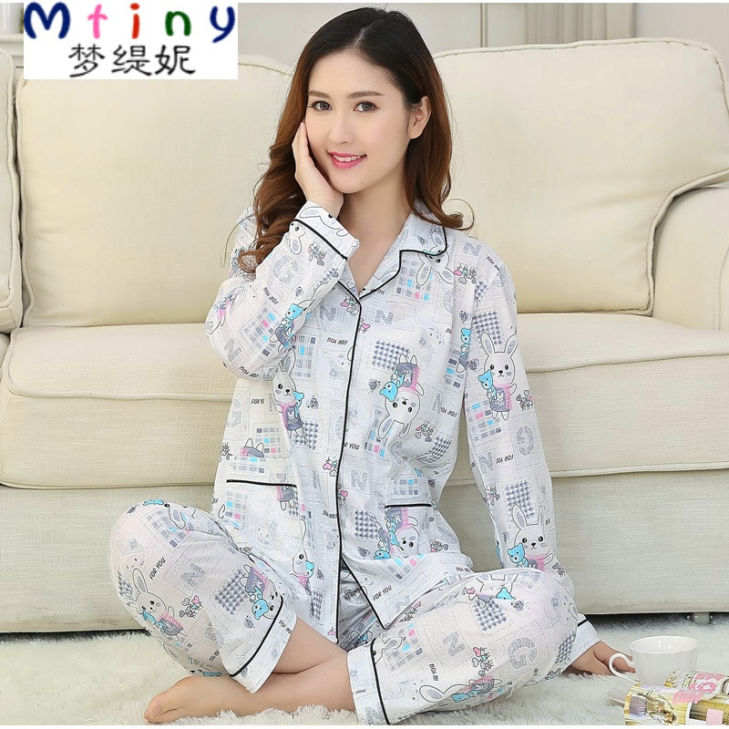 Mtiny中老年人纯棉长袖女士春秋季睡衣中年妈妈老人夏季大码家居服套装 XXL【125-135斤】不合适包退换 纯棉单面小兔灰