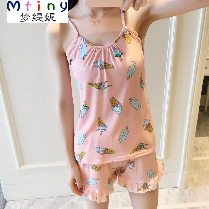 Mtiny韩版学生睡衣女夏吊带套装短裤少女休闲两件套薄款可爱公主家居服 M【75-90斤】 吊带雪糕粉色