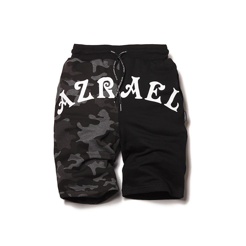 AZRAEL BY MIRACLE KILL2017夏季新款拼接黑迷彩字母运动五分短裤 L 黑拼黑迷彩