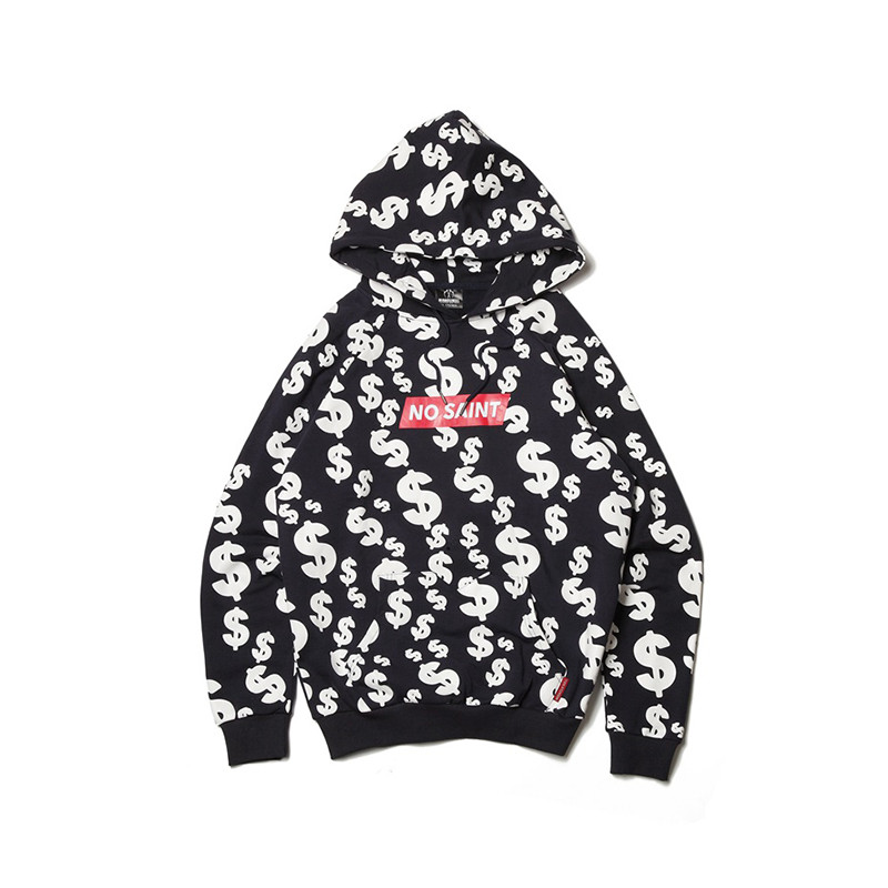 MIRACLE KILL新款满版美元符号NO SAINT女款连帽抓绒套头卫衣 S 蓝色