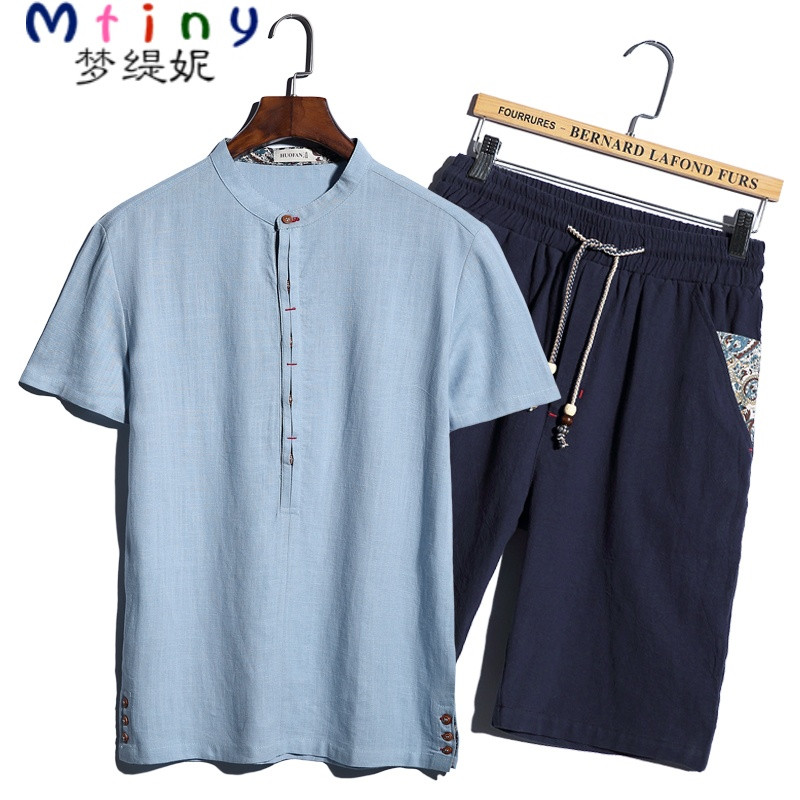 Mtiny男士夏装中国风大码亚麻短袖短裤一套装中老年棉服潮爸爸男装 2XL 天蓝青裤