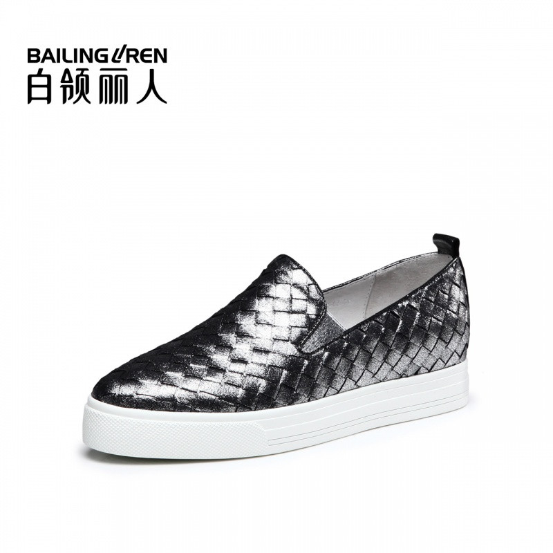 白领丽人春新欧美时尚舒适圆头编织布纹羊皮平底休闲鞋 银色现货 36
