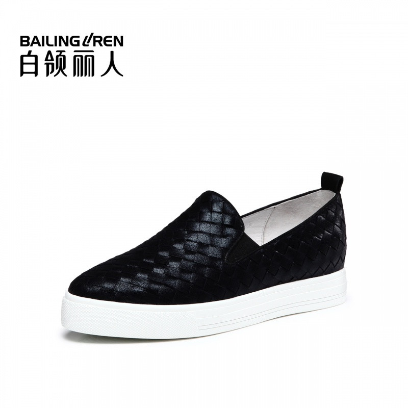 白领丽人春新欧美时尚舒适圆头编织布纹羊皮平底休闲鞋 黑色现货 36