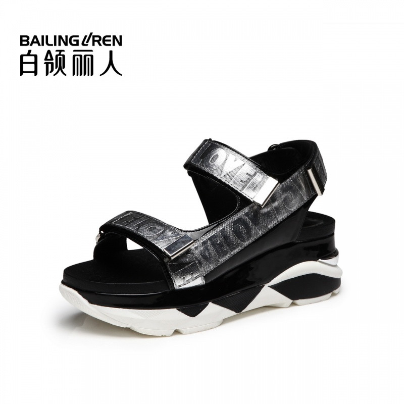 白领丽人夏新时尚字母织带拼接魔术贴厚底休闲凉鞋女鞋 黑色现货 39