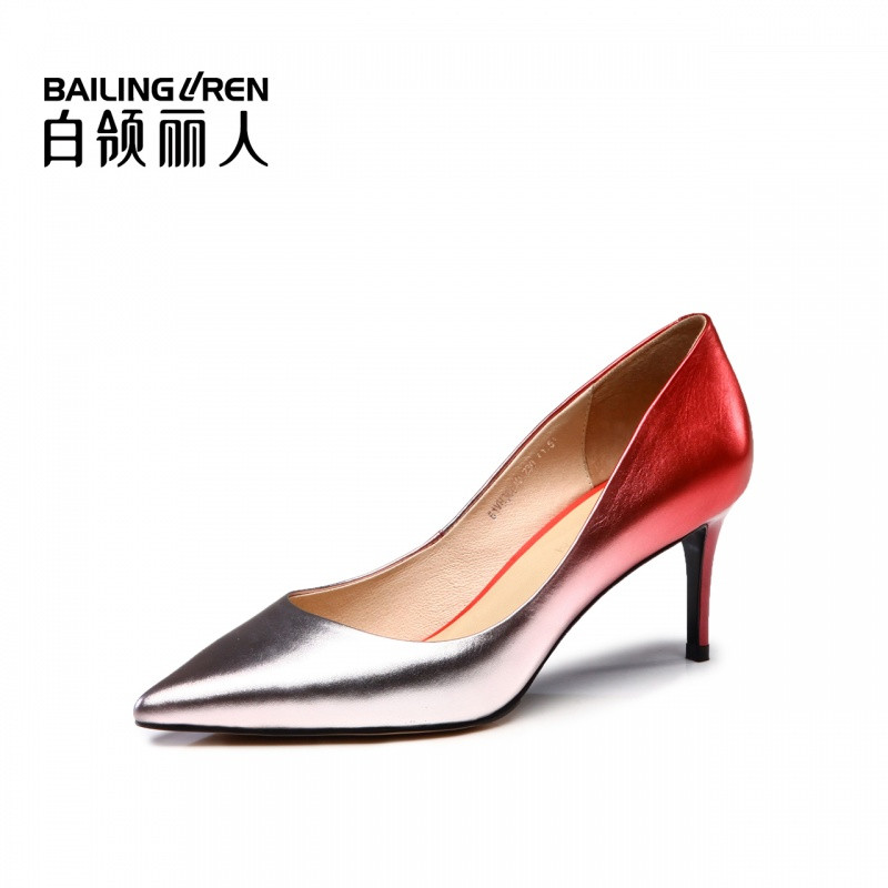 白领丽人春季新款欧美双色牛皮尖头单鞋高跟鞋浅口女鞋 银红色现货 37